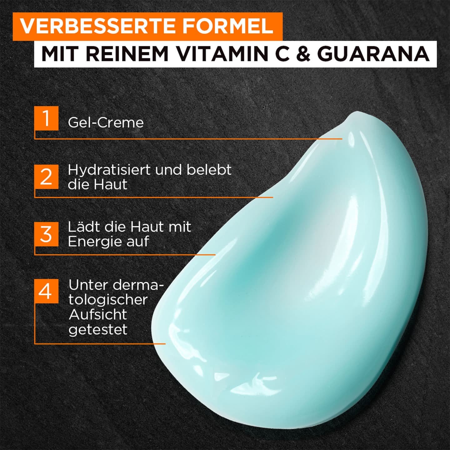 Probe Gel, daneben 4 Produktvorteile, darüber: Verbesserte Formel mit reinem Vitamin C & Guarana
